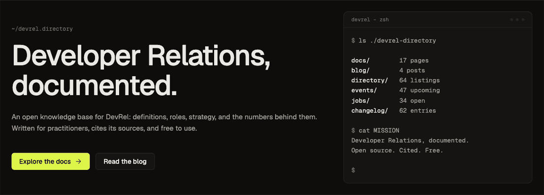 The devrel.directory homepage, with a terminal panel listing live counts for docs, blog, directory, events, jobs, and changelog